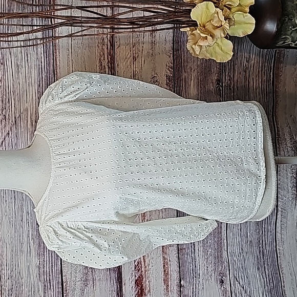 NEW A•NEW•DAY WHITE LINED EYELET LANTERN SLEEVE PULLOVER BLOUSE TOP - Picture 1 of 14